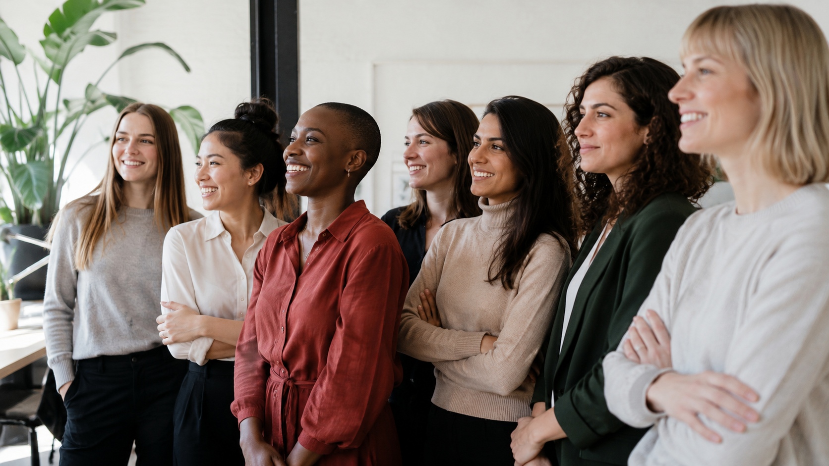 A group of women leaders standing together in a bright office
